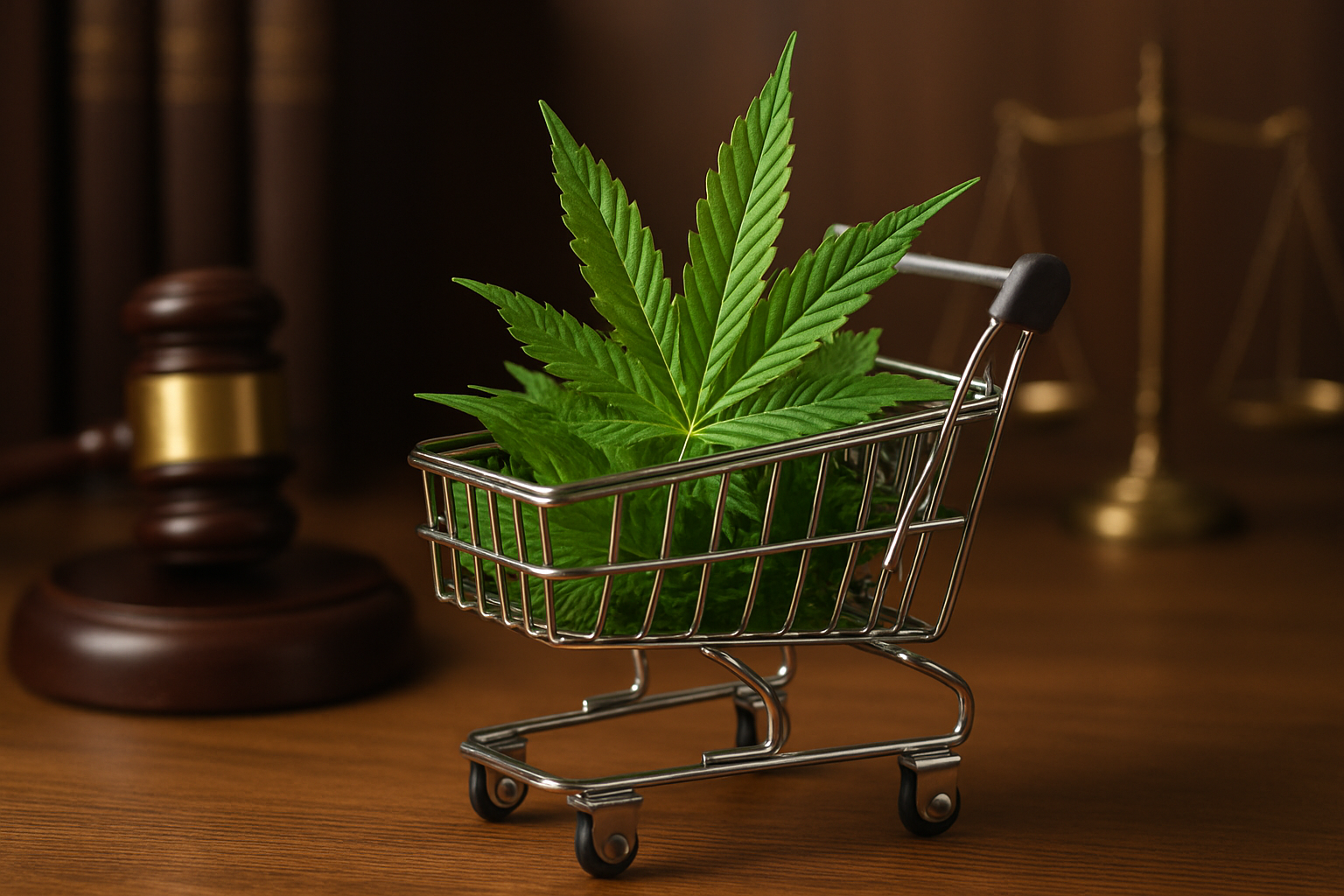 small shopping cart filled with cannabis leaves