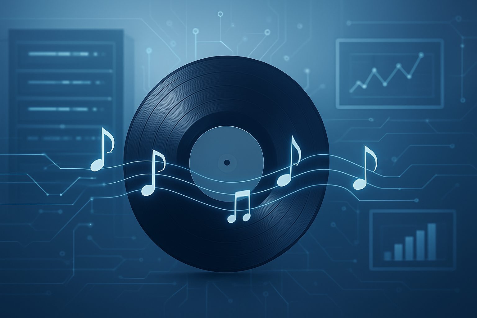 A digital representation of a vinyl record with musical notes and data visualization elements in the background.