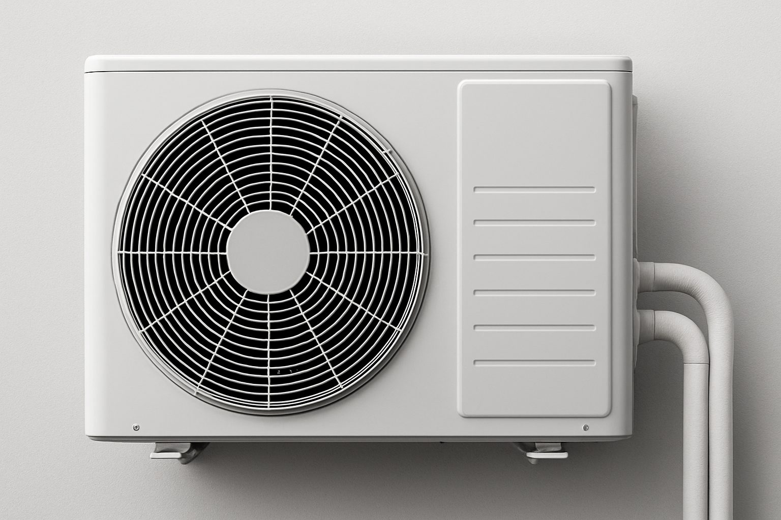 An outdoor HVAC unit mounted on a wall with visible pipes