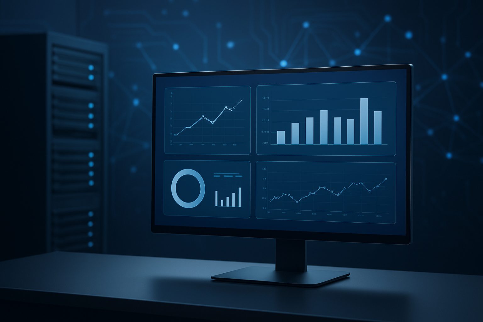 A modern computer monitor displaying various financial graphs and metrics in a dark environment, suggesting data analysi