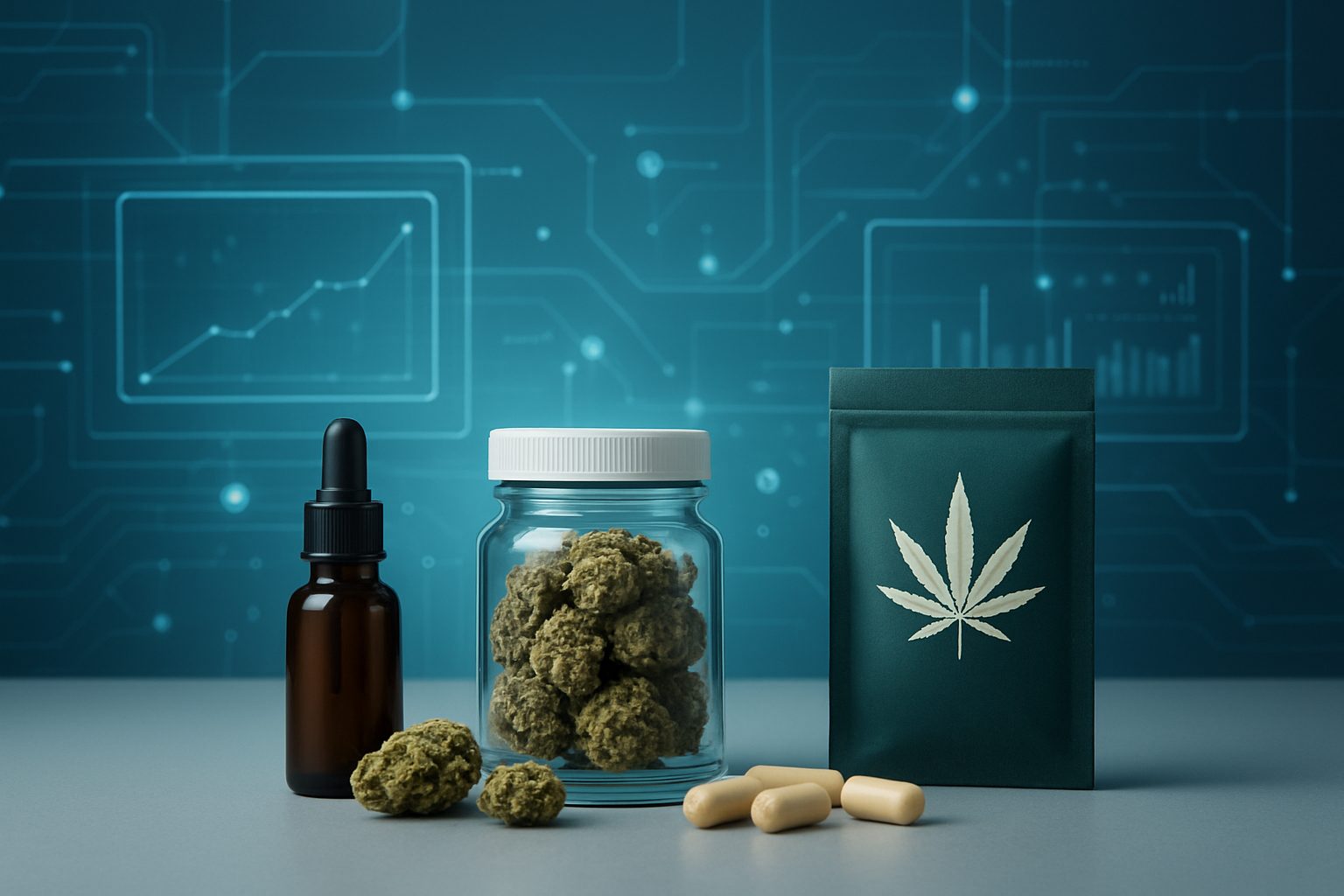 Various cannabis products including a glass jar of buds, a dropper bottle, capsules, and a sealed pouch, set against a t
